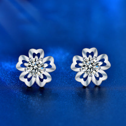 925 Sterling Silver Floral Stud Earrings with 0.5ct Moissanite Rhodium Plated Luxury Minimalist Jewelry for Women