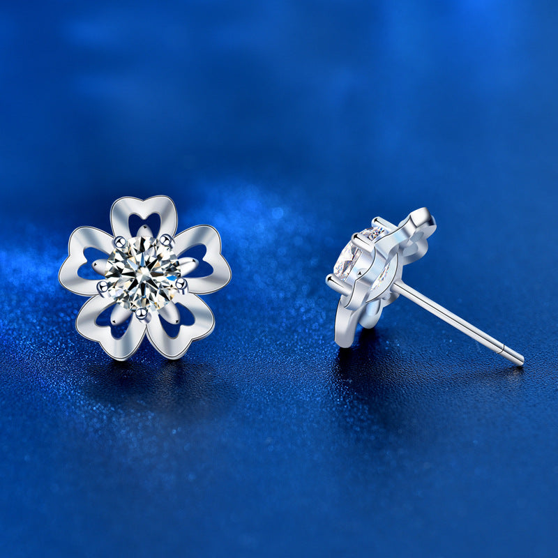 925 Sterling Silver Floral Stud Earrings with 0.5ct Moissanite Rhodium Plated Luxury Minimalist Jewelry for Women