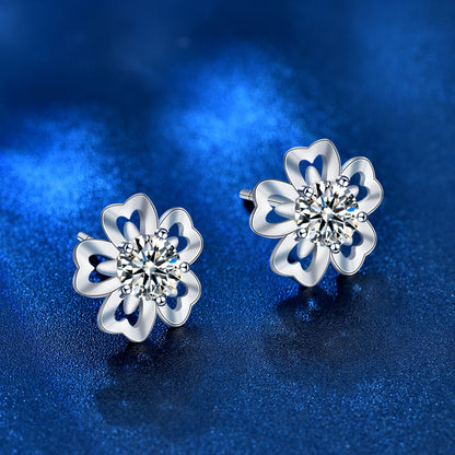 925 Sterling Silver Floral Stud Earrings with 0.5ct Moissanite Rhodium Plated Luxury Minimalist Jewelry for Women