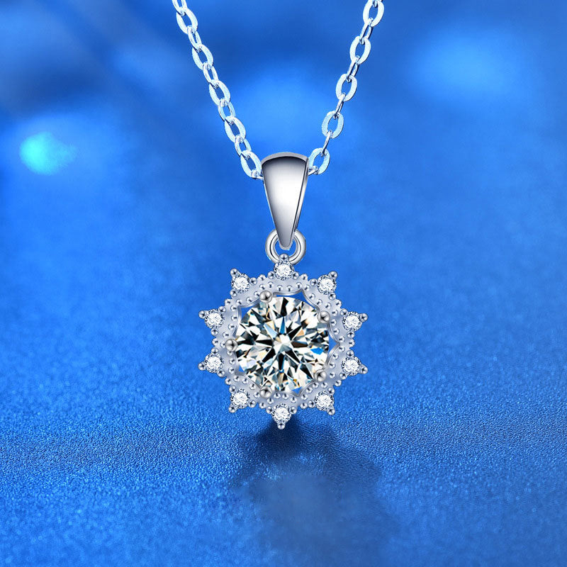 925 Sterling Silver Floral Sun Pendant Necklace with 1ct or 2ct Moissanite Cross Chain Women's Fashion Jewelry