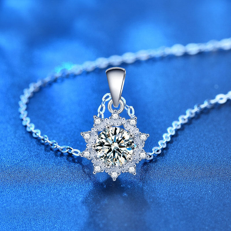 925 Sterling Silver Floral Sun Pendant Necklace with 1ct or 2ct Moissanite Cross Chain Women's Fashion Jewelry