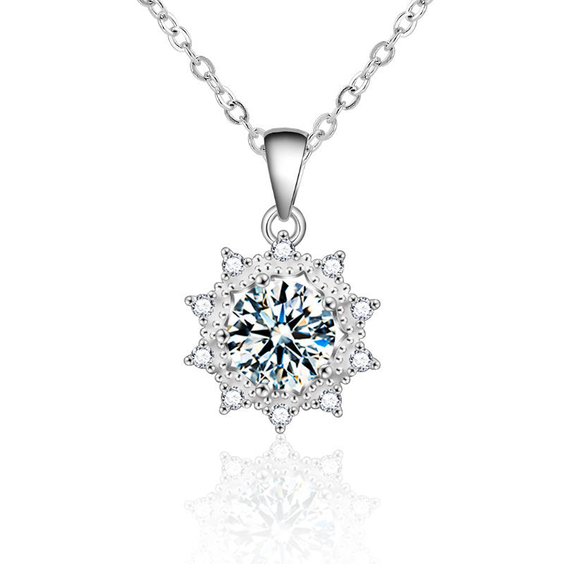 925 Sterling Silver Floral Sun Pendant Necklace with 1ct or 2ct Moissanite Cross Chain Women's Fashion Jewelry