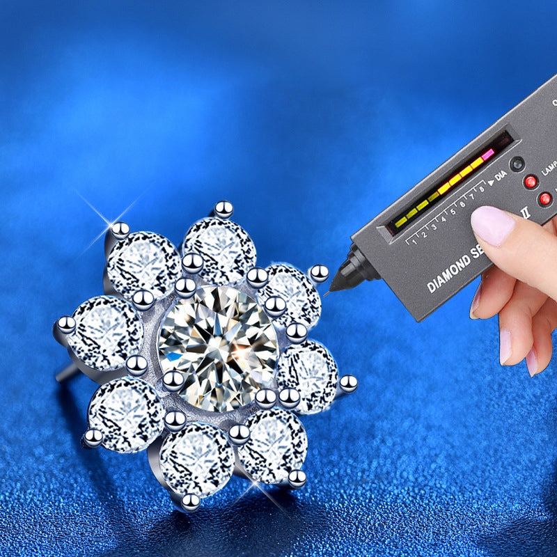 925 Sterling Silver Floral Sun Stud Earrings with 0.5ct Moissanite Thick White Gold Plated Hypoallergenic Jewelry for Women