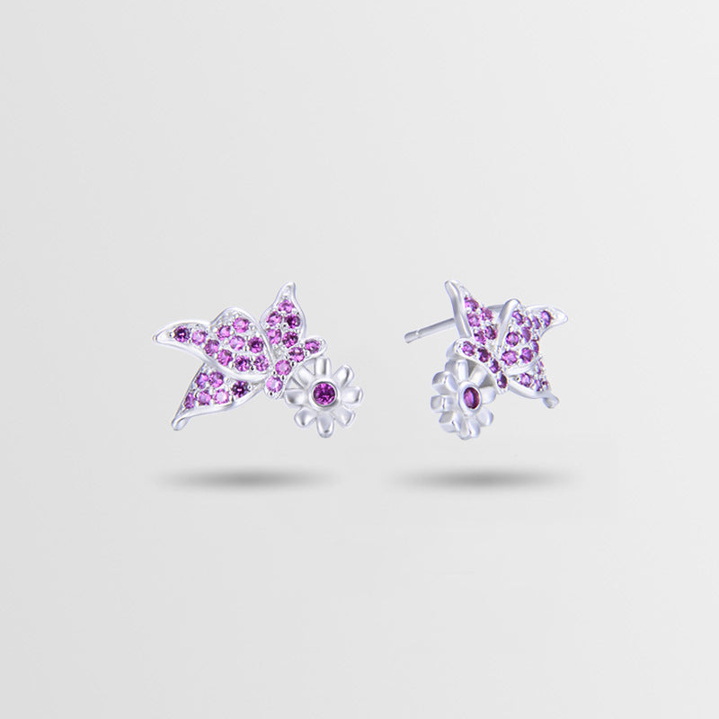 925 Sterling Silver Flower Stud Earrings - Korean Style Purple/Blue CZ Geometric Earrings with Plastic Stoppers
