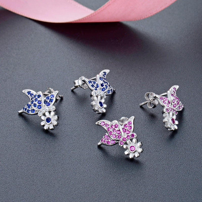 925 Sterling Silver Flower Stud Earrings - Korean Style Purple/Blue CZ Geometric Earrings with Plastic Stoppers