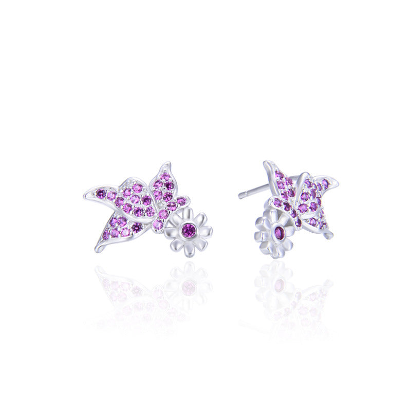 925 Sterling Silver Flower Stud Earrings - Korean Style Purple/Blue CZ Geometric Earrings with Plastic Stoppers