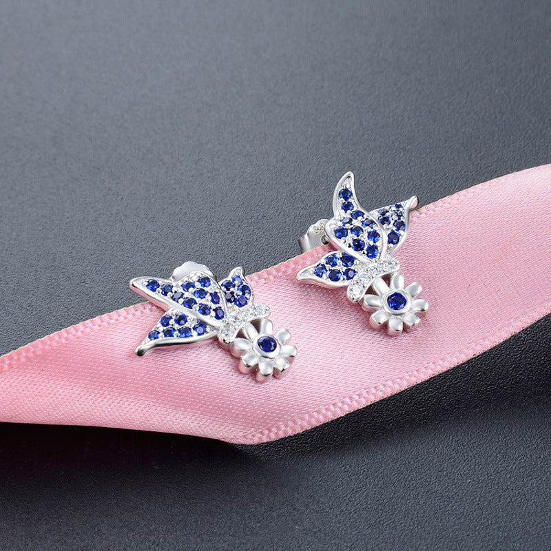 925 Sterling Silver Flower Stud Earrings - Korean Style Purple/Blue CZ Geometric Earrings with Plastic Stoppers