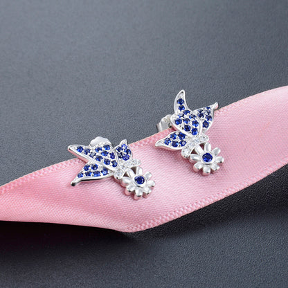 925 Sterling Silver Flower Stud Earrings - Korean Style Purple/Blue CZ Geometric Earrings with Plastic Stoppers
