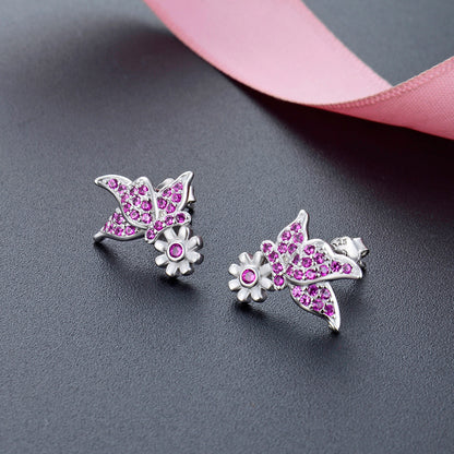 925 Sterling Silver Flower Stud Earrings - Korean Style Purple/Blue CZ Geometric Earrings with Plastic Stoppers