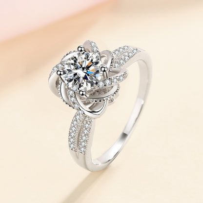 925 Sterling Silver Fountain-Set Moissanite Ring with Floral Design (1ct & 2ct Options)