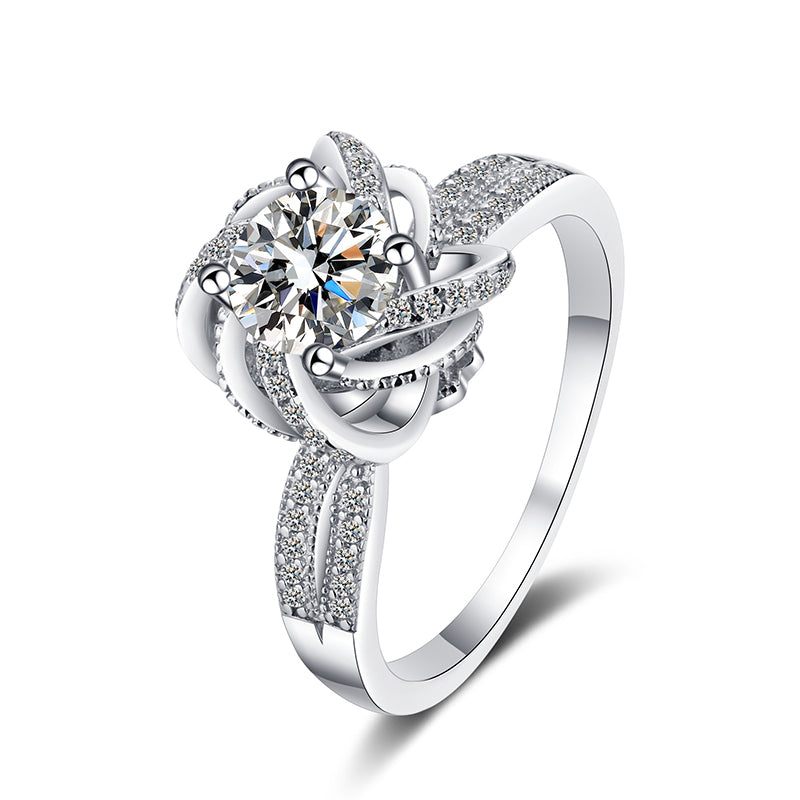 925 Sterling Silver Fountain-Set Moissanite Ring with Floral Design (1ct & 2ct Options)