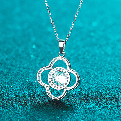 925 Sterling Silver Four-Leaf Clover Pendant Necklace - 1CT Moissanite PT950-Plated Luxury Chain