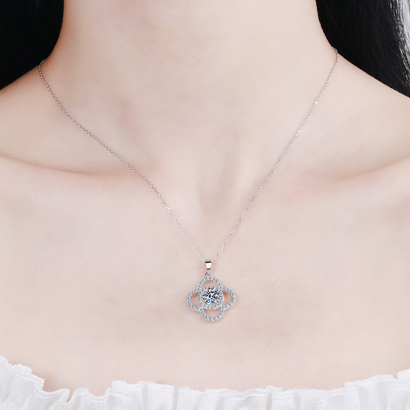 925 Sterling Silver Four-Leaf Clover Pendant Necklace - 1CT Moissanite PT950-Plated Luxury Chain