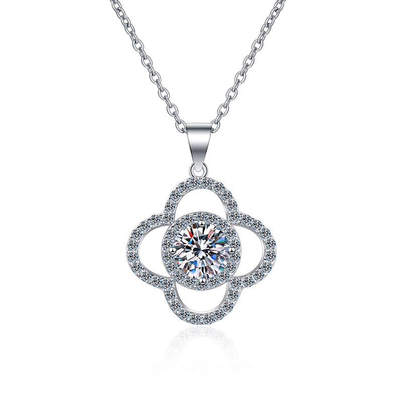 925 Sterling Silver Four-Leaf Clover Pendant Necklace - 1CT Moissanite PT950-Plated Luxury Chain