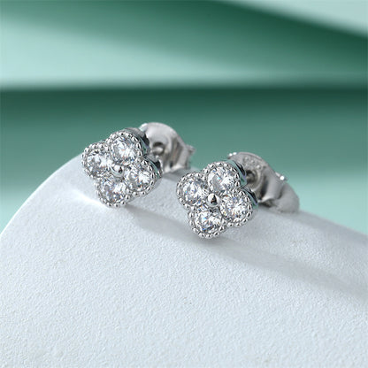 925 Sterling Silver Four-Leaf Clover Stud Earrings – Elegant Floral Design with Zircon Accents