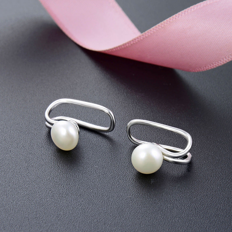 925 Sterling Silver Freshwater Pearl Clip-On Earrings - Korean Style U-Shaped Geometric Earrings for Non-Pierced Ears