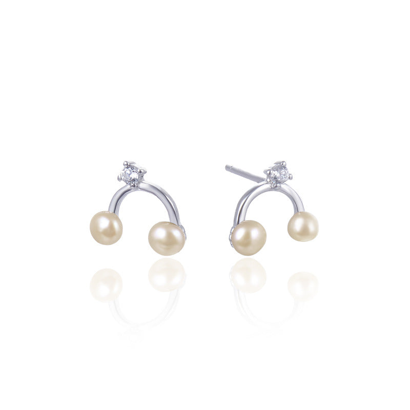925 Sterling Silver Freshwater Pearl & Diamond Stud Earrings with Plastic Backs - 0.9g Dainty Korean Style Earrings for Women