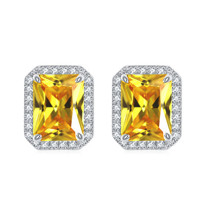 925 Sterling Silver Full-Pavé Rectangular Zircon Stud Earrings – Luxury Square Birthstone Jewelry