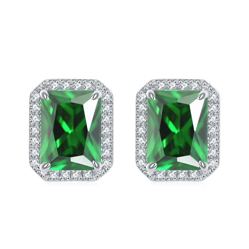 925 Sterling Silver Full-Pavé Rectangular Zircon Stud Earrings – Luxury Square Birthstone Jewelry