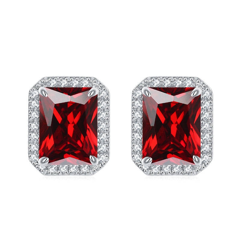 925 Sterling Silver Full-Pavé Rectangular Zircon Stud Earrings – Luxury Square Birthstone Jewelry