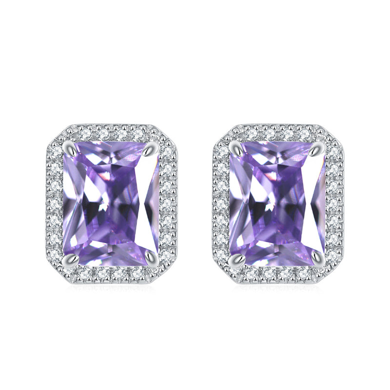 925 Sterling Silver Full-Pavé Rectangular Zircon Stud Earrings – Luxury Square Birthstone Jewelry