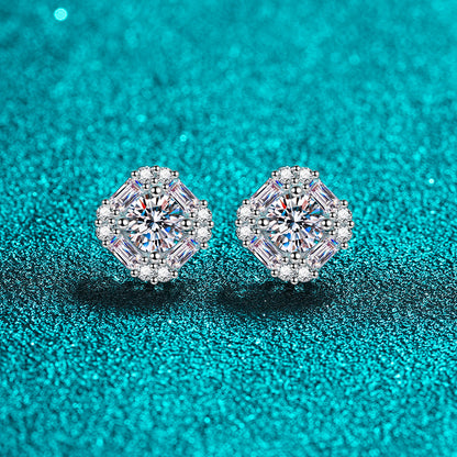 925 Sterling Silver Full Moissanite Stud Earrings - PT950 Gold Plated (1.47CT)