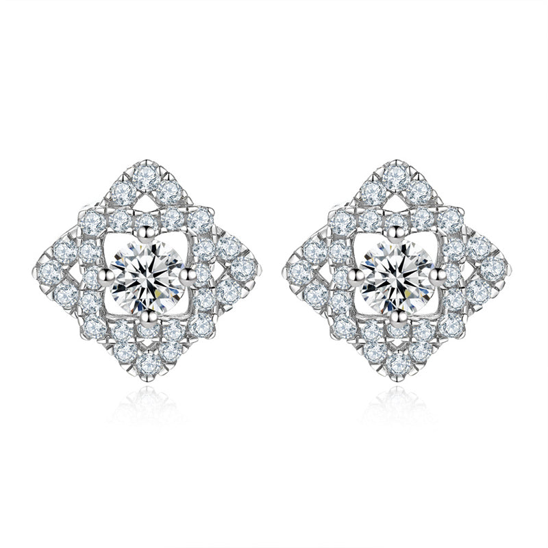 925 Sterling Silver Full Zircon Diamond Earrings for Women Elegant Rhombus Stud Earrings White Gold Plated