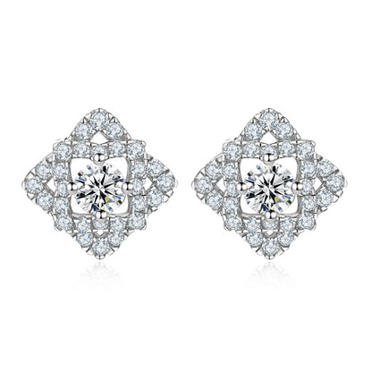 925 Sterling Silver Full Zircon Diamond Earrings for Women Elegant Rhombus Stud Earrings White Gold Plated