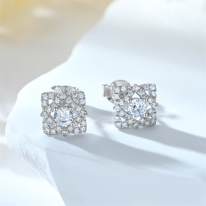 925 Sterling Silver Full Zircon Diamond Earrings for Women Elegant Rhombus Stud Earrings White Gold Plated