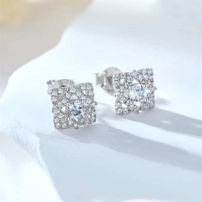 925 Sterling Silver Full Zircon Diamond Earrings for Women Elegant Rhombus Stud Earrings White Gold Plated