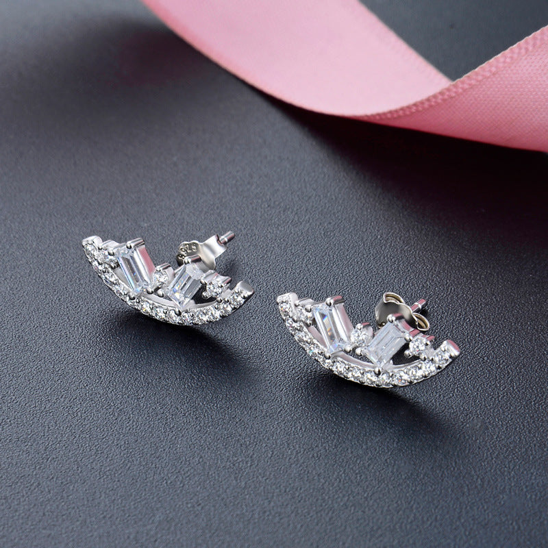 925 Sterling Silver Geometric CZ Stud Earrings - Korean Minimalist Diamond Earrings with Plastic Backs