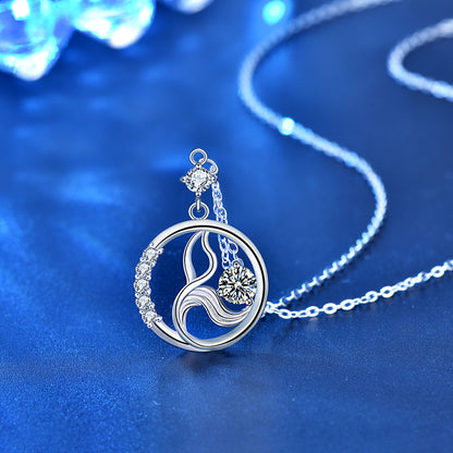 925 Sterling Silver Geometric Circle Pendant Necklace with 0.5ct Moissanite & Long Cross Chain Unique Statement Jewelry