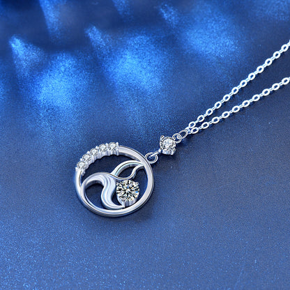 925 Sterling Silver Geometric Circle Pendant Necklace with 0.5ct Moissanite & Long Cross Chain Unique Statement Jewelry