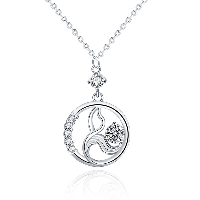 925 Sterling Silver Geometric Circle Pendant Necklace with 0.5ct Moissanite & Long Cross Chain Unique Statement Jewelry
