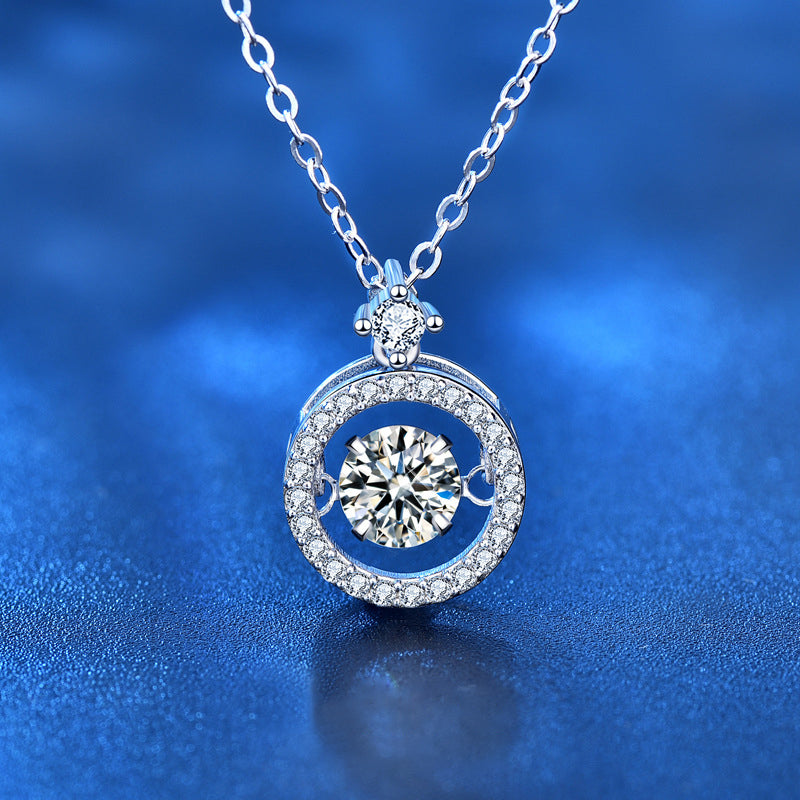 925 Sterling Silver Geometric Circle Pendant Necklace with 0.5ct or 1ct Round Moissanite & Cross Chain for Women - White & Yellow Gold Plated