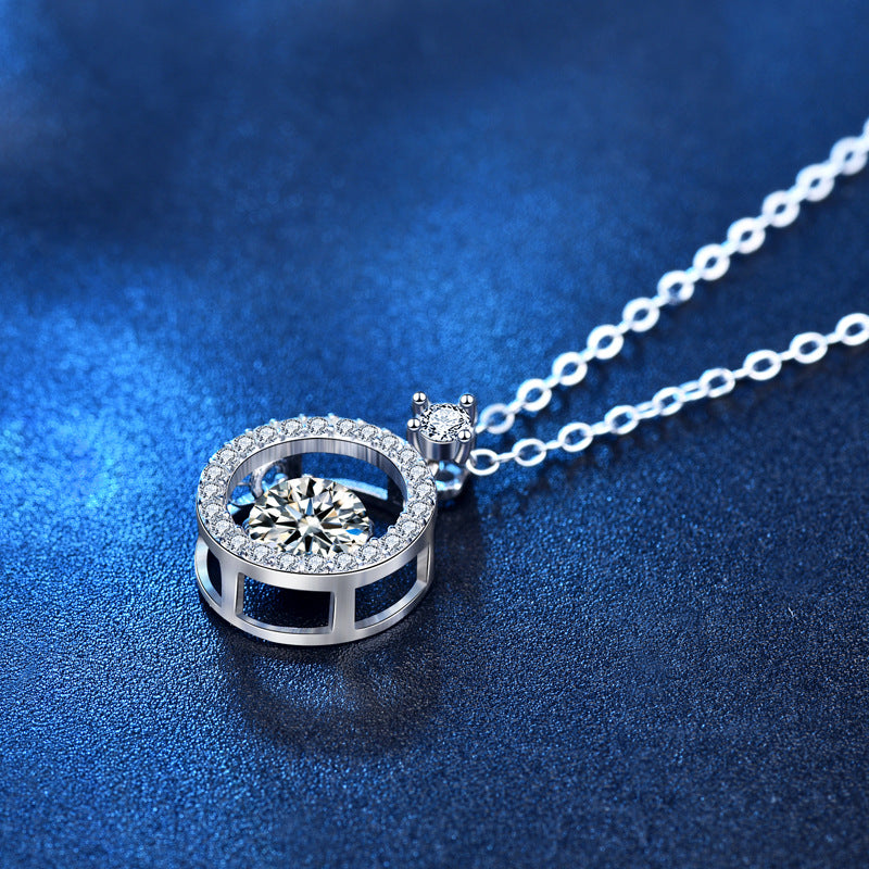 925 Sterling Silver Geometric Circle Pendant Necklace with 0.5ct or 1ct Round Moissanite & Cross Chain for Women - White & Yellow Gold Plated
