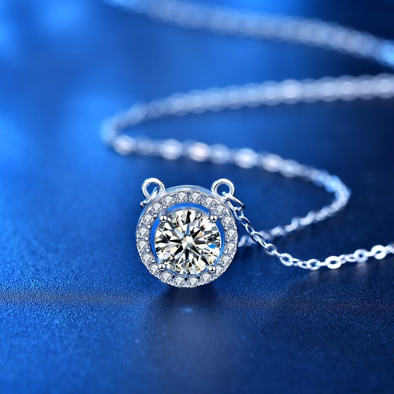 925 Sterling Silver Geometric Circle Pendant Necklace with 1ct/2ct Moissanite & Adjustable Cross Chain - 0.05um Thick White Gold Plated
