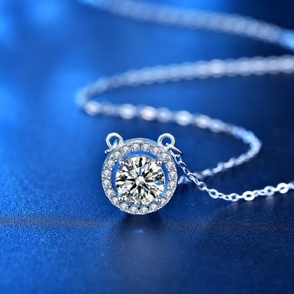 925 Sterling Silver Geometric Circle Pendant Necklace with 1ct/2ct Moissanite & Adjustable Cross Chain - 0.05um Thick White Gold Plated