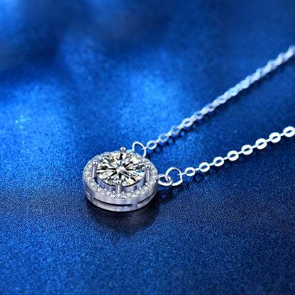 925 Sterling Silver Geometric Circle Pendant Necklace with 1ct/2ct Moissanite & Adjustable Cross Chain - 0.05um Thick White Gold Plated