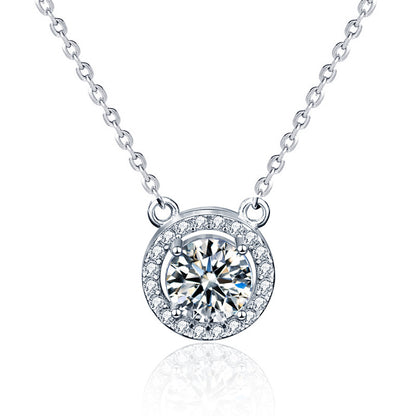 925 Sterling Silver Geometric Circle Pendant Necklace with 1ct/2ct Moissanite & Adjustable Cross Chain - 0.05um Thick White Gold Plated