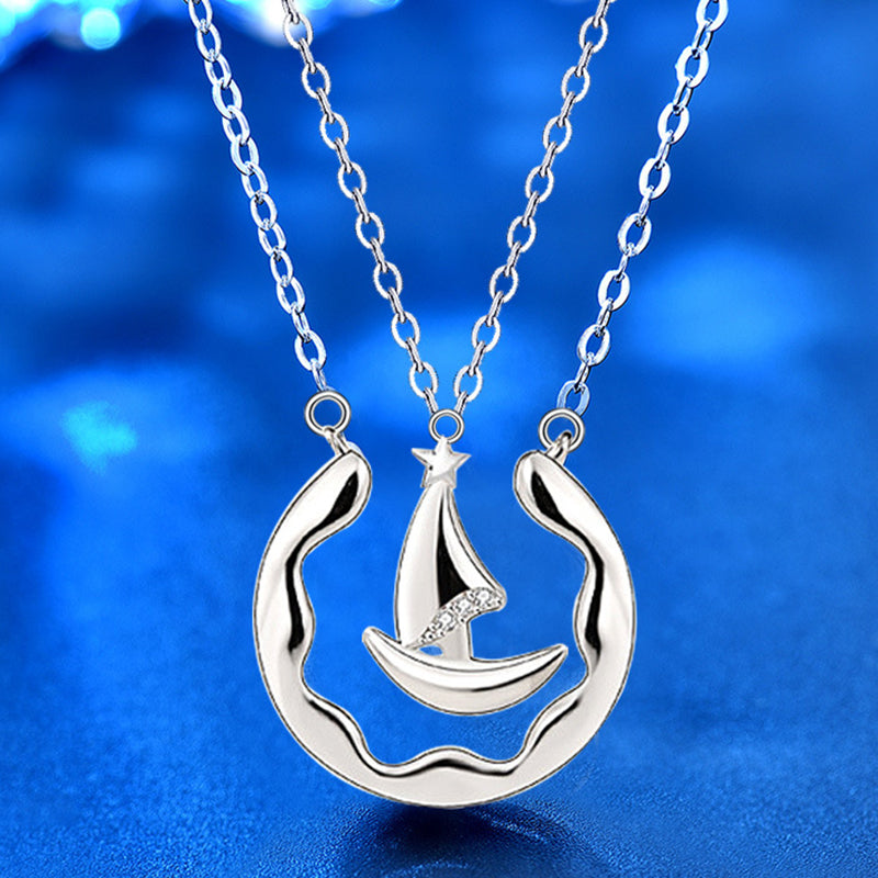 925 Sterling Silver Geometric Couple Pendant Necklace Set Original Design Circle & Triangle Cross Chain Unisex Jewelry