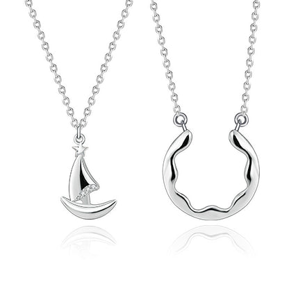 925 Sterling Silver Geometric Couple Pendant Necklace Set Original Design Circle & Triangle Cross Chain Unisex Jewelry