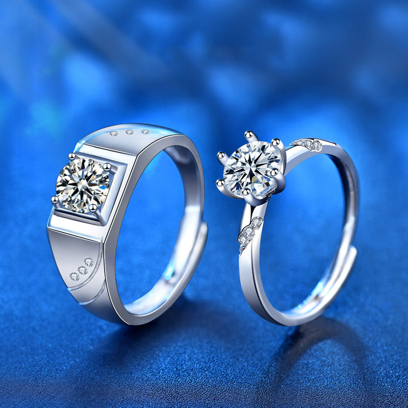 925 Sterling Silver Geometric Couple Rings with 1ct Moissanite  Adjustable Unisex Matching Bands in White Gold Plated Euro-American Style
