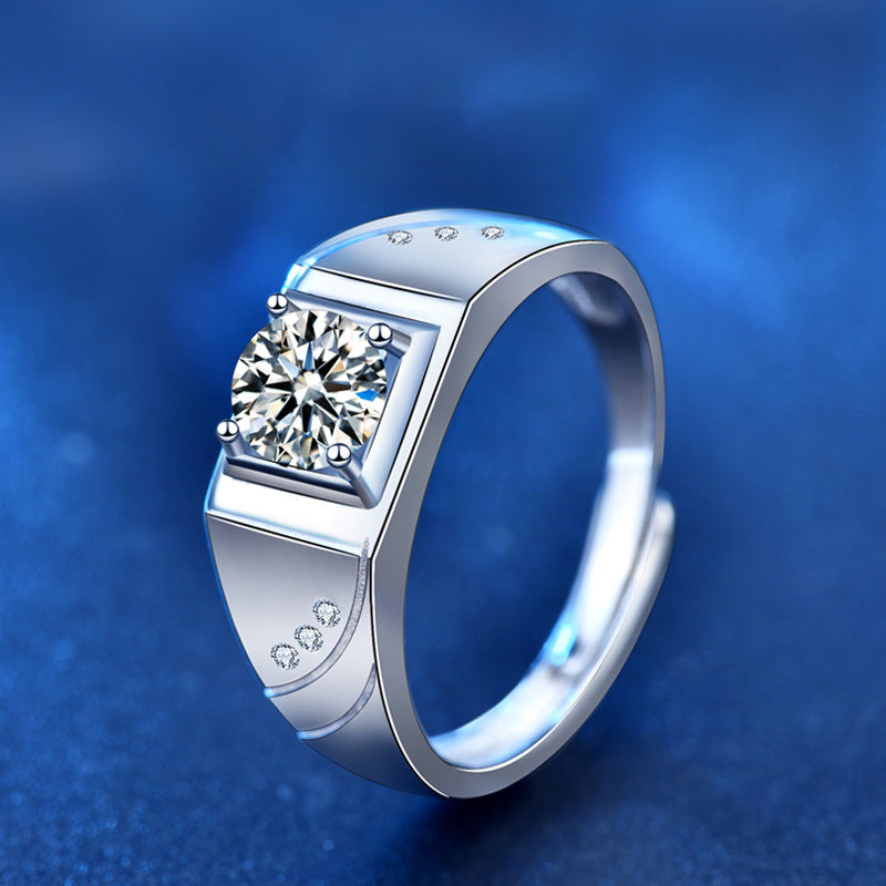 925 Sterling Silver Geometric Couple Rings with 1ct Moissanite  Adjustable Unisex Matching Bands in White Gold Plated Euro-American Style