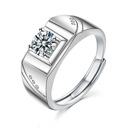 925 Sterling Silver Geometric Couple Rings with 1ct Moissanite  Adjustable Unisex Matching Bands in White Gold Plated Euro-American Style