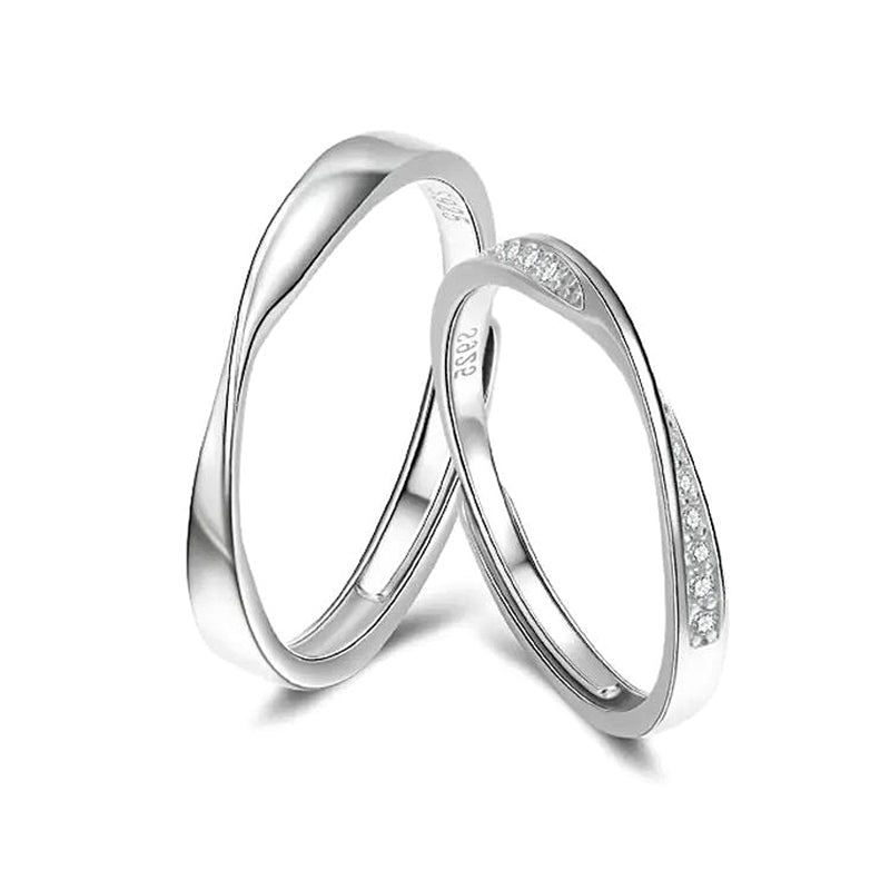 925 Sterling Silver Geometric Couple Rings with Zircon White Gold Plated Adjustable Minimalist Promise Rings for Couples