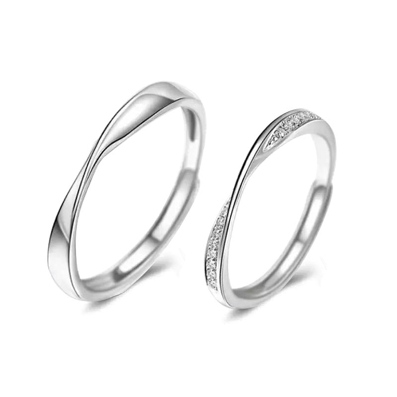 925 Sterling Silver Geometric Couple Rings with Zircon White Gold Plated Adjustable Minimalist Promise Rings for Couples