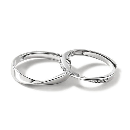 925 Sterling Silver Geometric Couple Rings with Zircon White Gold Plated Adjustable Minimalist Promise Rings for Couples