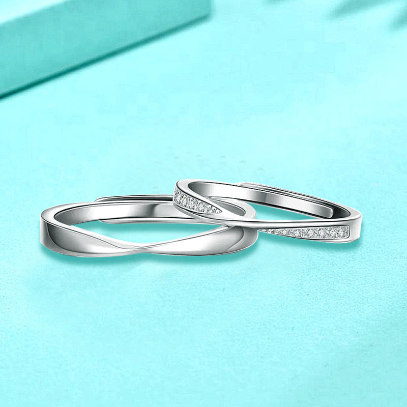 925 Sterling Silver Geometric Couple Rings with Zircon White Gold Plated Adjustable Minimalist Promise Rings for Couples