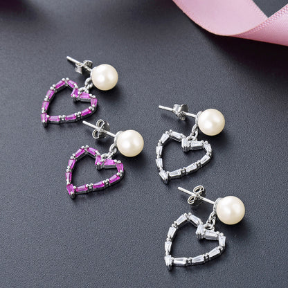 925 Sterling Silver Geometric Drop Earrings - White & Violet Zircon Korean Style Dangle Earrings with Plastic Backs